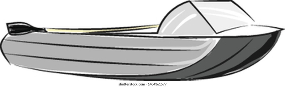 Gray speedboat with a wood with black paddle, and a glass front shield., vector, color drawing or illustration. 