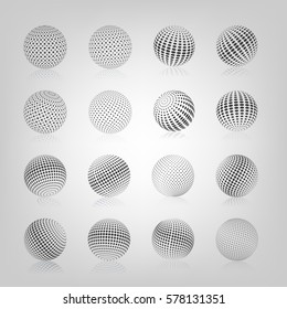 Gray sphere with halftone fill and mirror reflection, isolated on white background, vector illustration.