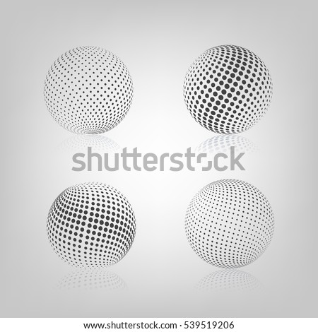 Gray sphere with halftone fill and mirror reflection, isolated on white background, vector illustration.