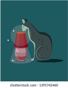
gray sphinx cat stands near the table lamp