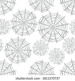 Gray spider web isolated on white background. Seamless pattern. Vector flat illustration. Design for Halloween.