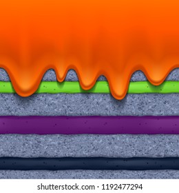 Gray sponge cake with colorful cream filling and orange glaze flow background. Colorful horizontal seamless texture. Vector illustration. Hallowen colors.