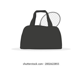 Gray sports bag with tennis racket on white background