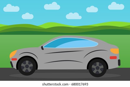 Gray sports car in the background of nature landscape in the daytime.  Vector illustration.
