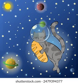 Gray spotted cat in space clings to a loaf of bread and hovers happy and peaceful with a satisfied face. Vector illustration outer space with planets and stars and a beautiful serenic pet flies in the