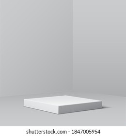 Gray square podium for product. 3d pedestal in interior vector illustration. Geometric stage on floor in room. Abstract realistic place for advertising or decoration.