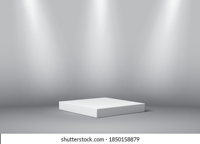 Graues quadratisches Podium für das Produkt. 3D-Podest im Rampenlicht, Vektorgrafik. Geometrische Bühne auf dem Boden im Zimmer. Abstrakter realistischer Ort für Werbung oder Dekoration.
