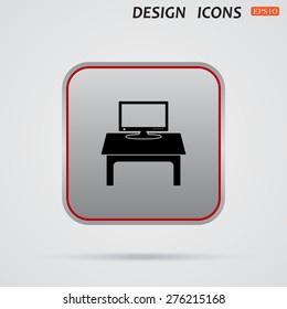 Gray square with a red stroke on a white background with shadow. Computer desk, workplace. icon. vector design