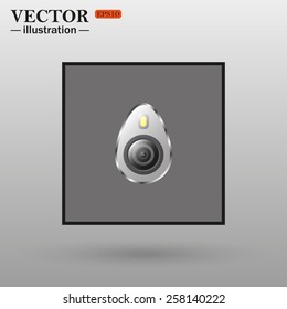 Gray square with sharp corners and a black stroke over white background with shadow. icon smartphone camera and flash. icon. vector design