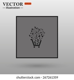 Gray square with sharp corners and a black stroke over white background with shadow.  Set of icons. Put into shopping cart. Great buy. Cart of goods, web icon. vector design