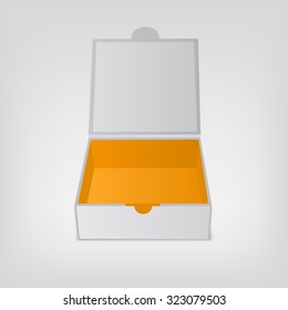 Gray squared box, orange color inside. Open box mockup. Vector illustration isolated on white background.