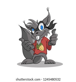 gray squirrel in red t shirt and black mask 