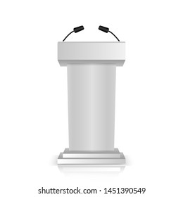 Gray stage stand or debate podium rostrum with microphones  isolated on white background. 3d realistic tribune.