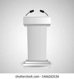 Gray stage stand or debate podium rostrum with microphones. 3d realistic tribune.