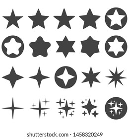 Gray Stars And Sparkles. Simlpe Rating Icon Set.  Star With Rounded Corners In Circle. Sun Glint. Gleam Light Of Explosion Or Fireworks Rays. 