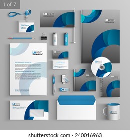 Gray Stationery Template Design With Blue Round Elements. Documentation For Business.