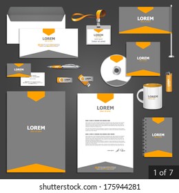 Gray stationery template design with orange arrow. Documentation for business.