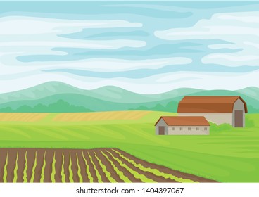 Gray stone barn in the field. Vector illustration on white background.