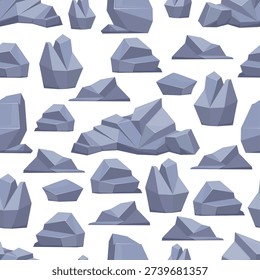Gray stone blocks seamless pattern. Fragments of rock. Sharp cliffs form. Granite gravel. Cracked cobbles. Mountain rough pieces. Repeated print. Natural boulders. Limestone debris. Vector background