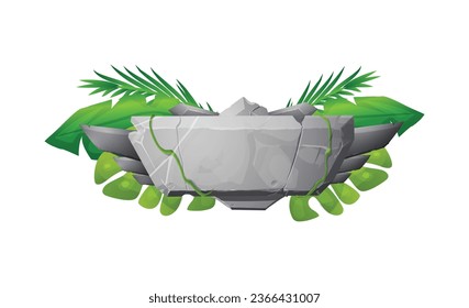 Gray stone board horizontal shape with dracaena leaves and liana. Wild rock banner with cracked. Vector isolated cartoon frame with space for text. Great block boulder, menu button for game interface