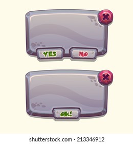 Gray stone cartoon panels for game UI, including yes/no and Ok buttons