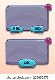Gray stone cartoon panels for game or web UI, including yes/no and Ok buttons