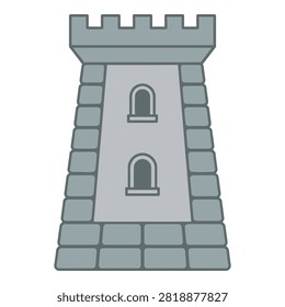 A gray stone castle tower with battlements and two windows, medieval architecture style, isolated on white background