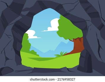 Gray stone cave entrance with day landscape flat style, vector illustration. Nature view, green grass, trees and blue sky with clouds. Hole in rock, cavern