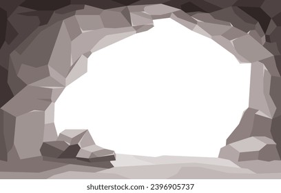 Gray stone cave entrance frame with empty white space inside flat style, vector illustration. Decorative element for game design, nature and travel, stone wall