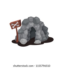 Gray stone cave and wooden signboard with crossed bones. Cartoon landscape element. Flat vector for mobile game