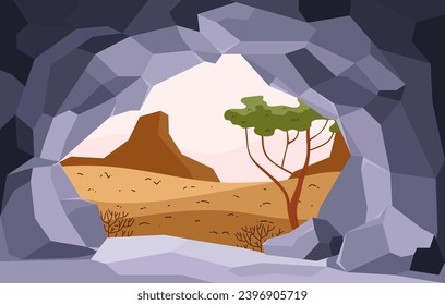 Gray stone caveat exit frame with desert landscape inside flat style, vector illustration. Nature and scenery, decorative for game design, travel and discovery