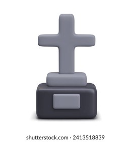 Gray stone cross with tombstone. 3D illustration for Halloween. Christian monument for burial of deceased. Vector mockup, place for name. Template for scary design, zombie game