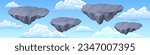 Gray stone floating islands in blue sky with clouds - game flying rock platforms for level ui design. 2d cartoon stony land pieces for jumping and running in videogame. Panoramic vector background.