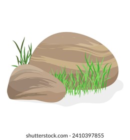 Gray stone with grass. Landscape design, boulders with plants, nature rocks cartoon vector illustration