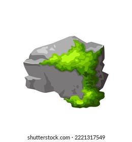 Gray stone with green moss . Element of forest, nature montain rock. Boulder game sign for design. Vector illustration isolated on white background.