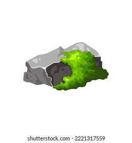 Gray stone with green moss . Element of forest, nature montain rock. Boulder game sign for design. Vector illustration isolated on white background.