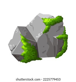 Gray stone with green moss . Element of forest, nature montain rock. Boulder game sign for design. Vector illustration isolated on white background.