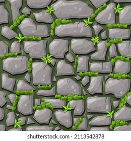 gray stones covered with moss seamless pattern. endless background of brick wall, rocks or cobblestones with grass. mossy masonry wall or floor in cave, dungeon. cartoon illustration for game design
