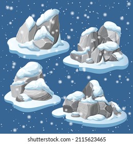Gray stones or rocks in snow. pile of rubble and debris of the mountain with snow caps. heap of boulders in winter isolated. nature landscape element. vector cartoon crags and snowdrifts. Ice age.