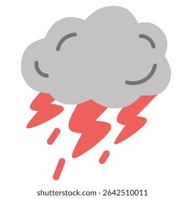 Gray storm cloud icon with red lightning bolts and raindrop accents. Bold and moody style ideal for extreme weather alerts, storm forecasts, apps or dramatic environmental designs.