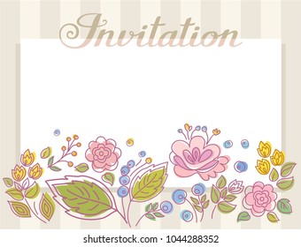 Gray striped card. Colored twigs with berries and flowers. Vector picture. The inscription in English. 