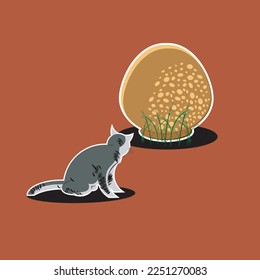 The gray and striped cat is curious about a strange object that looks like an egg