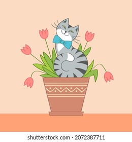 A gray striped cat sits in a pot with pink flowers. Vector illustration for festive greeting cards design, textile, wallpapers, print, T-shirts, gift wrap and scrapbooking.
