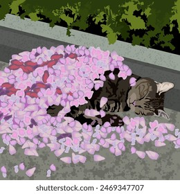 A gray striped cat sleeps on the sidewalk covered with cherry or sakura petals. The illustration is made mainly in warm colors. The picture conveys calmness, relaxation, pleasure.