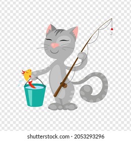 Gray striped kind cat fisherman holds a fishing rod and a bucket of water and a goldfish. Character, cartoon, animal. Isolated vector illustration for children on transparent background