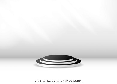 Gray Studio Background With Black Podium Stage And Sunlight. Minimalist. Vector Illustration