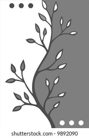 Gray stylized floral background with leaves and dots.