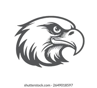 Uma ilustração cinza e estilizada de uma cabeça de águia em perfil, mostrando uma determinada expressão e textura de penas detalhada.