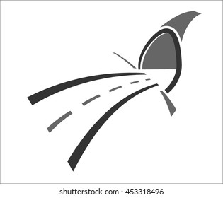 gray stylized modern road logo symbol with freeway, highway winding and leading to tunnel. Car trip, travel and transportation design outline vector illustration