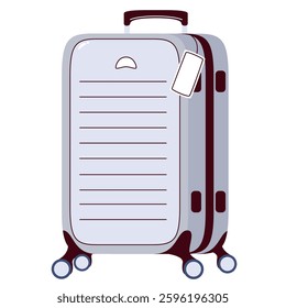 Gray suitcase with airport blank label. Closed case, baggage for travel, summer cruise. Luggage mascot, grey suitcase cartoon vector illustration